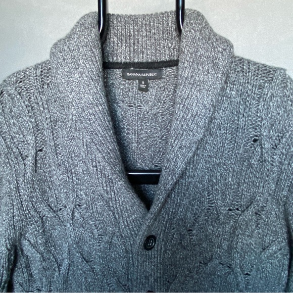 Banana Republic Shawl Cardigan Merino Wool Blend Cable Chunky Knit Gray Men Sz S - Picture 2 of 16